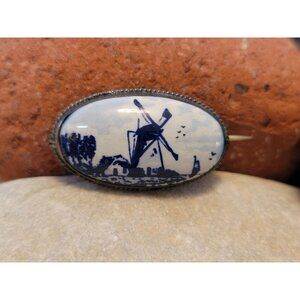 Vintage Dutch Windmill Delftware Blue & White Brooch Pin C Clasp 1 3/8"